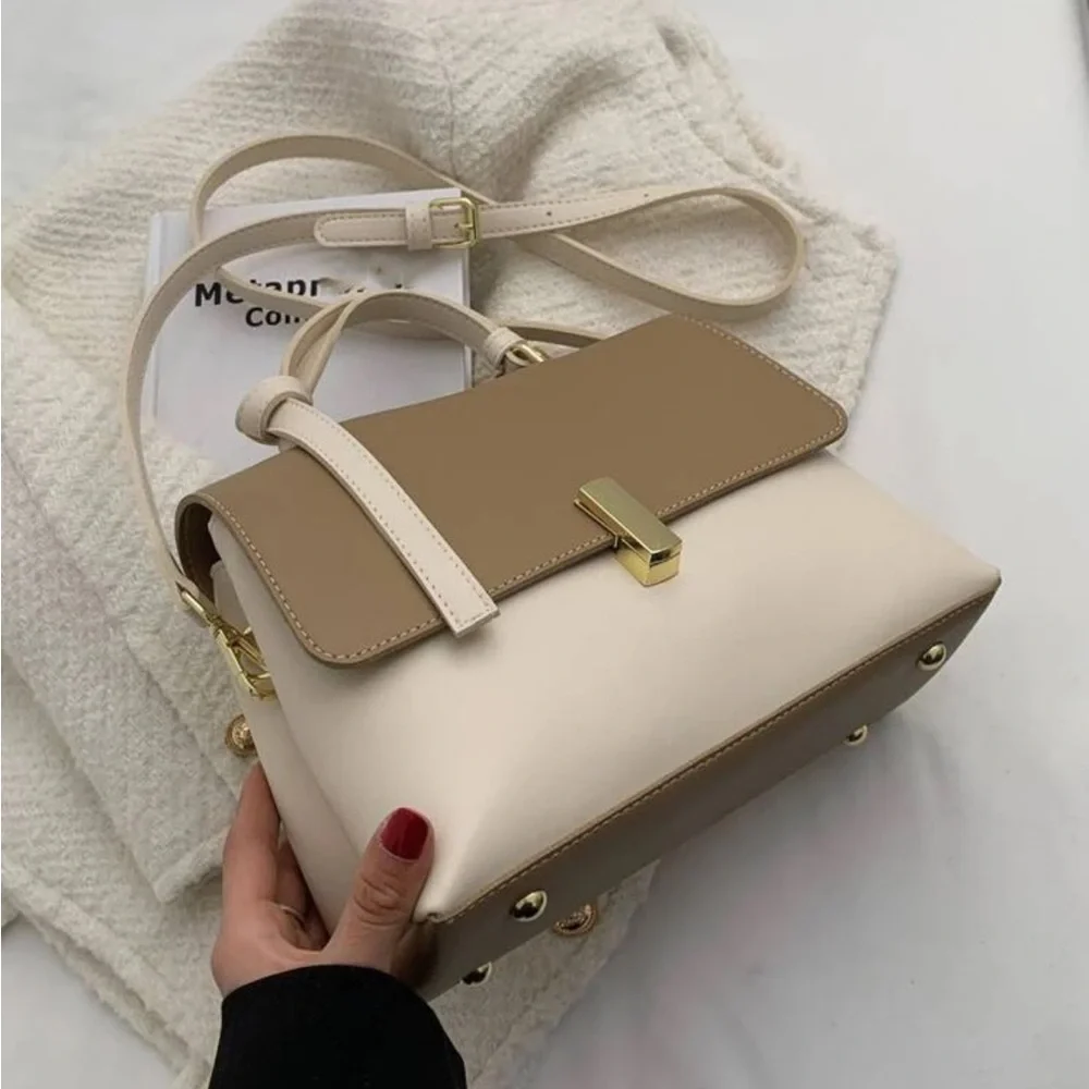 Cream Beige Two Tone Bag with Strap and Gold Clasp - Picture 2 of 7